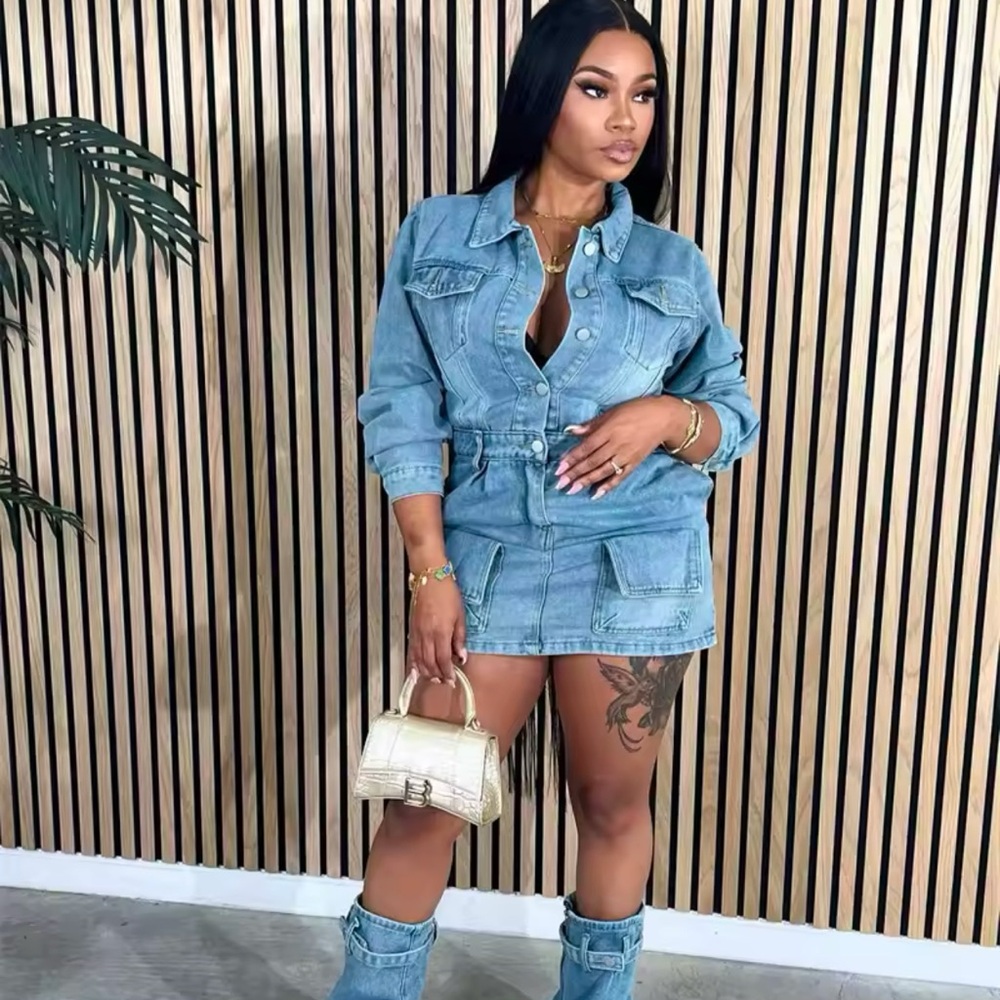 Echoine Hight Quality Light Blue Pocket Cargo Denim Dress with Trouser Legs